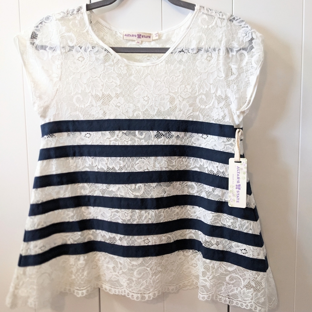 ALTAR'D STATE lace, navy striped top, Size Medium.